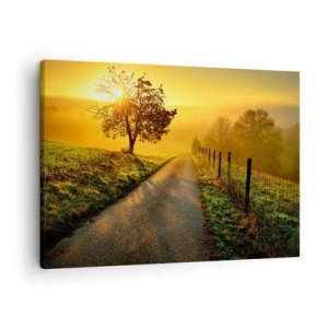 Quadro em tela - Uma estrada pitoresca ao pôr do sol com uma árvore solitária ao fundo - 70x50cm - Uma tarde agradável - Decoração de parede moderna para a sala de estar e quarto ARTTOR