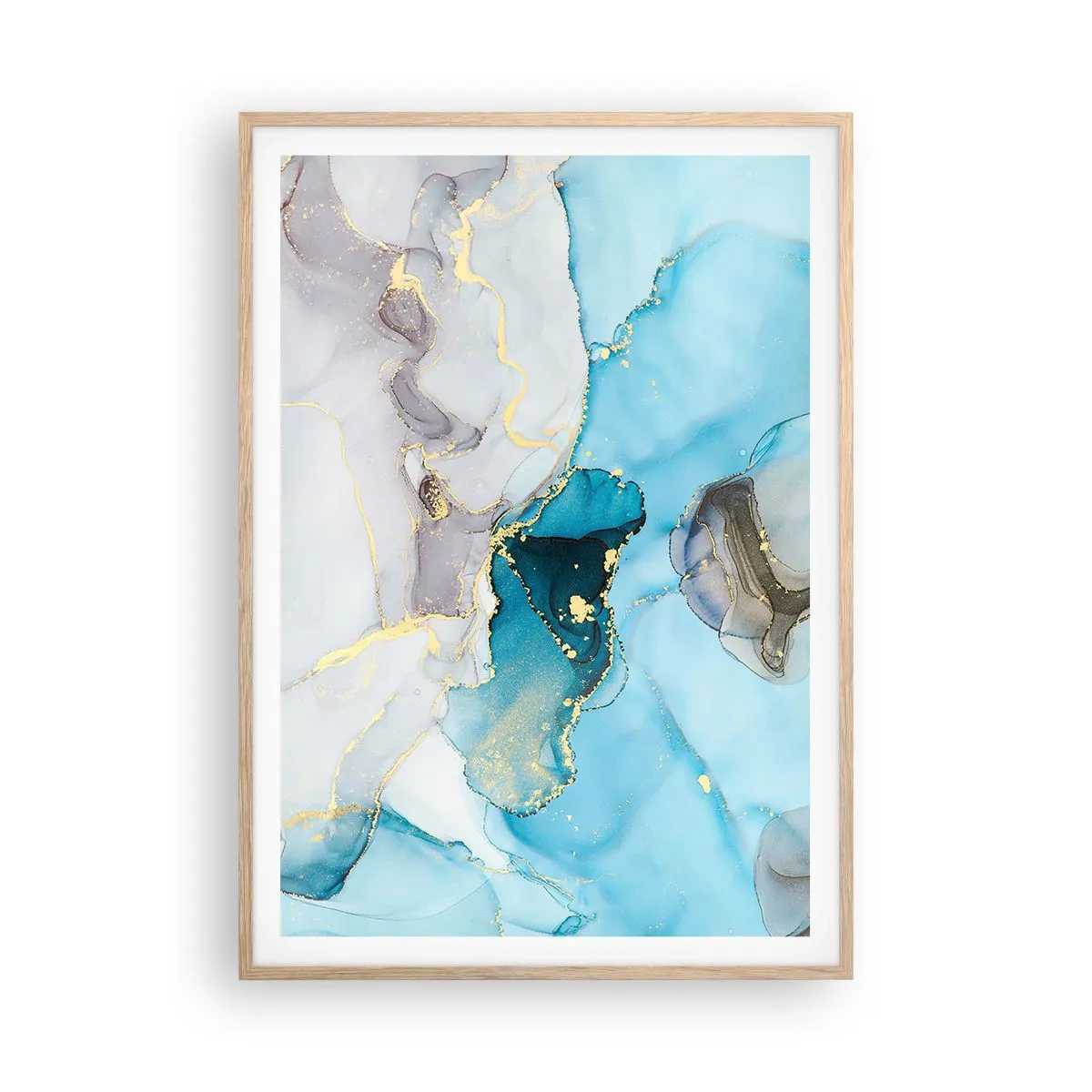 Pôster com moldura de carvalho claro - Estudo do encontro do cinza e turquesa - 70x100 cm