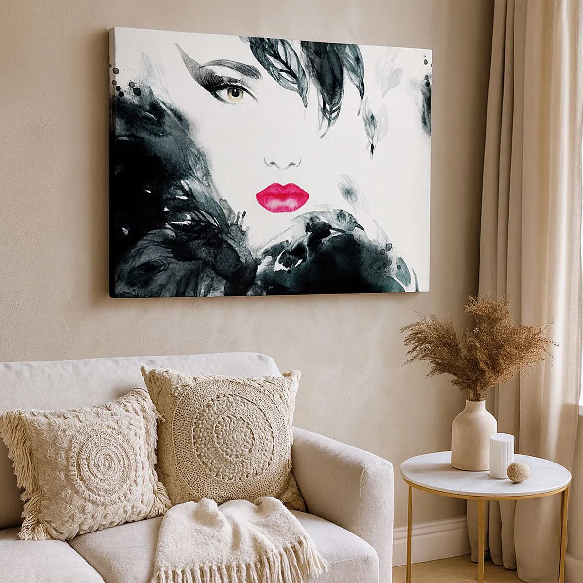 Quadro em tela - Retrato artístico de uma mulher com lábios intensamente rosados - 70x50cm - Atenção! Femme fatale - Decoração de parede moderna para a sala de estar e quarto ARTTOR