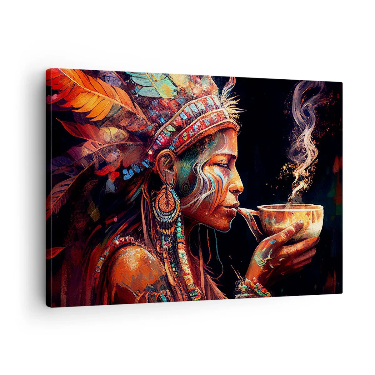 Quadro em tela - Uma figura colorida de estilo étnico com uma xícara de bebida fumegante - 70x50cm - Ritual mágico - Decoração de parede moderna para a sala de estar e quarto ARTTOR