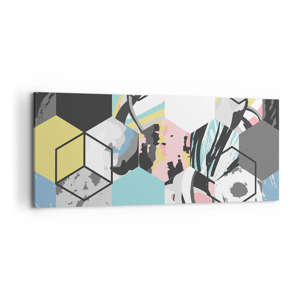 Quadro em tela - Hexágonos e cubos em seis cores - 120x50 cm