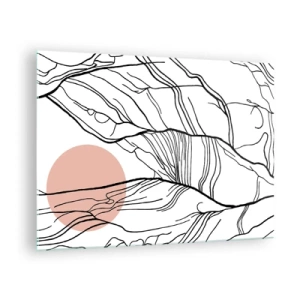 Quadro em vidro - Linhas sombreadas de galhos com um sol bege - 70x50cm - Numa rede de galhos - Decoração de parede moderna para a sala de estar e quarto ARTTOR