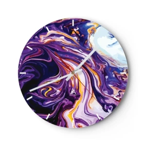 Relógio de parede - Relógio em vidro - Redemoinhos abstratos roxos com detalhes brilhantes - 30x30cm - Onde o espaço se dobra em roxo - Decoração de parede moderna para a sala de estar, cozinha e quarto ARTTOR