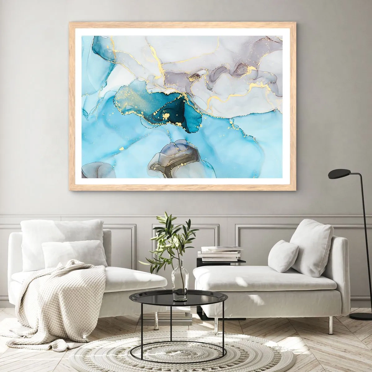 Pôster com moldura de carvalho claro - Estudo do encontro do cinza e turquesa - 100x70 cm