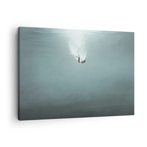 Quadro em tela - Uma figura imersa em águas profundas e turquesas - 70x50cm - Nos braços do oceano - Decoração de parede moderna para a sala de estar e quarto ARTTOR