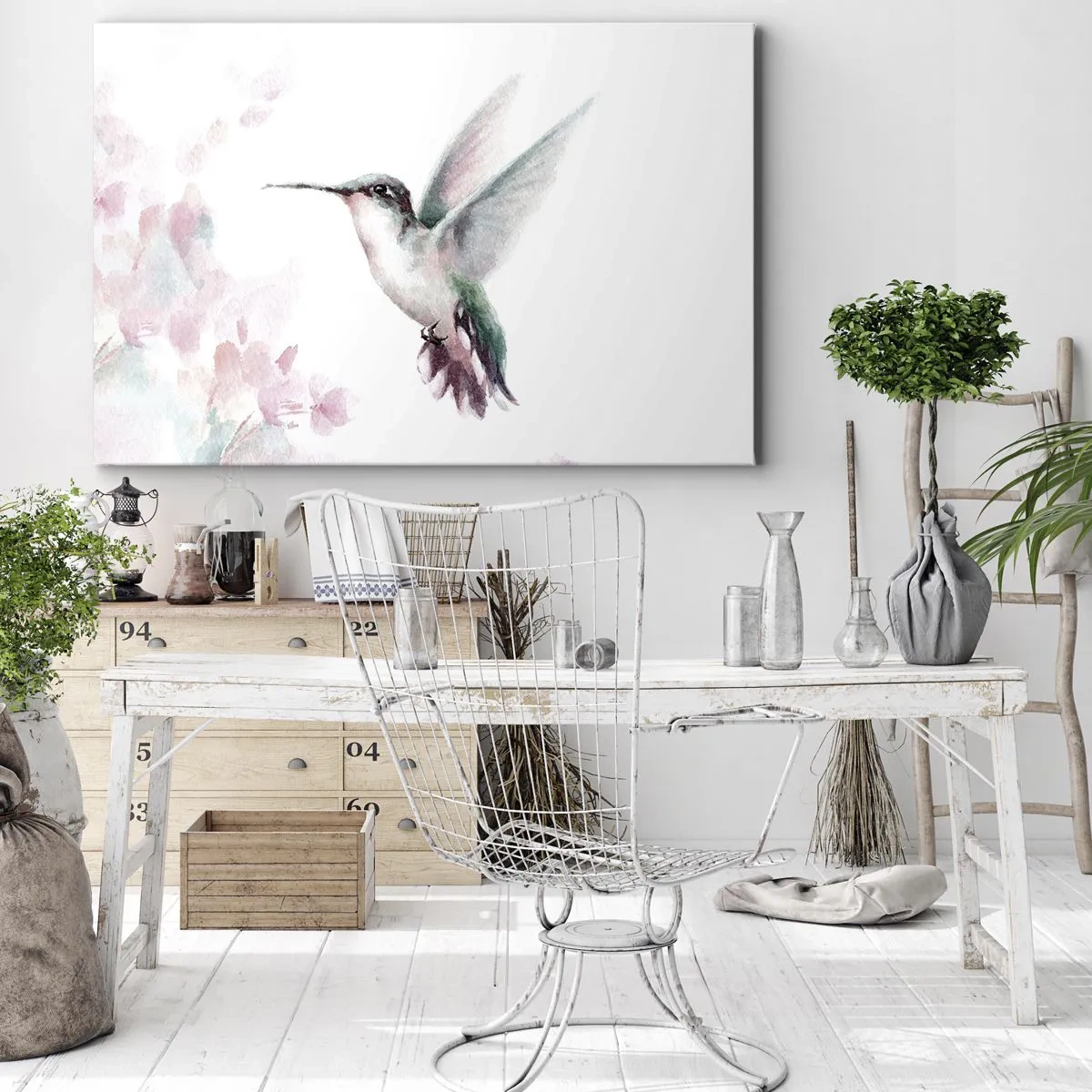 Quadro em tela - Um beija-flor em delicadas cores pastéis sobre um fundo de flores - 70x50cm - Preso em agitação - Decoração de parede moderna para a sala de estar e quarto ARTTOR