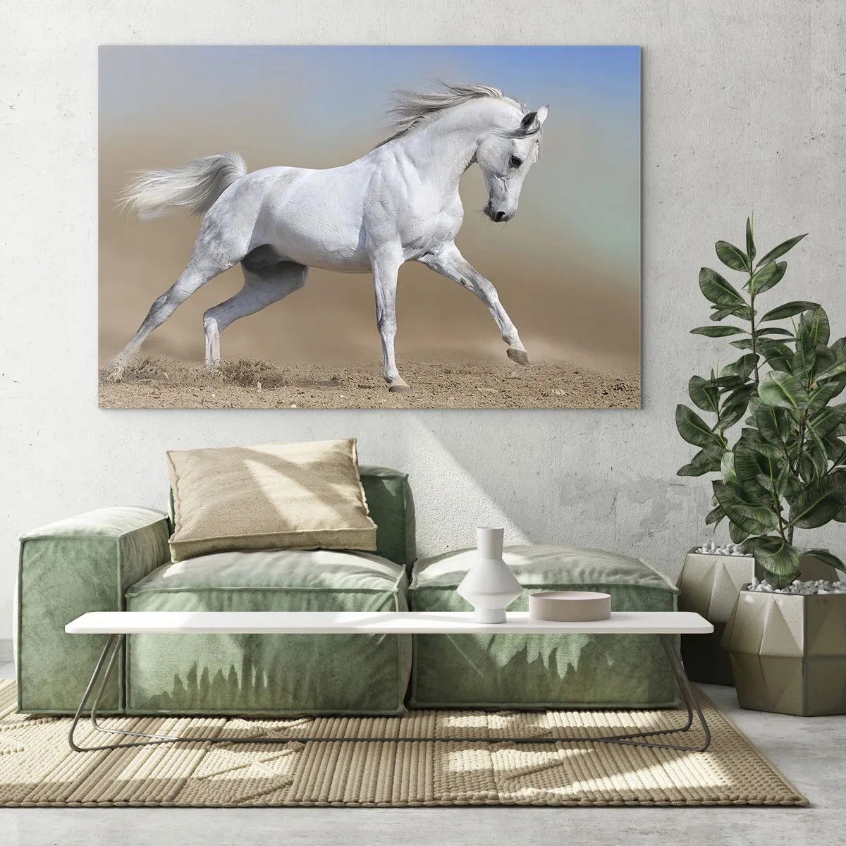 Quadro em vidro - Um cavalo branco galopando pelo chão arenoso - 70x50cm - O mais belo conto de fadas árabe - Decoração de parede moderna para a sala de estar e quarto ARTTOR