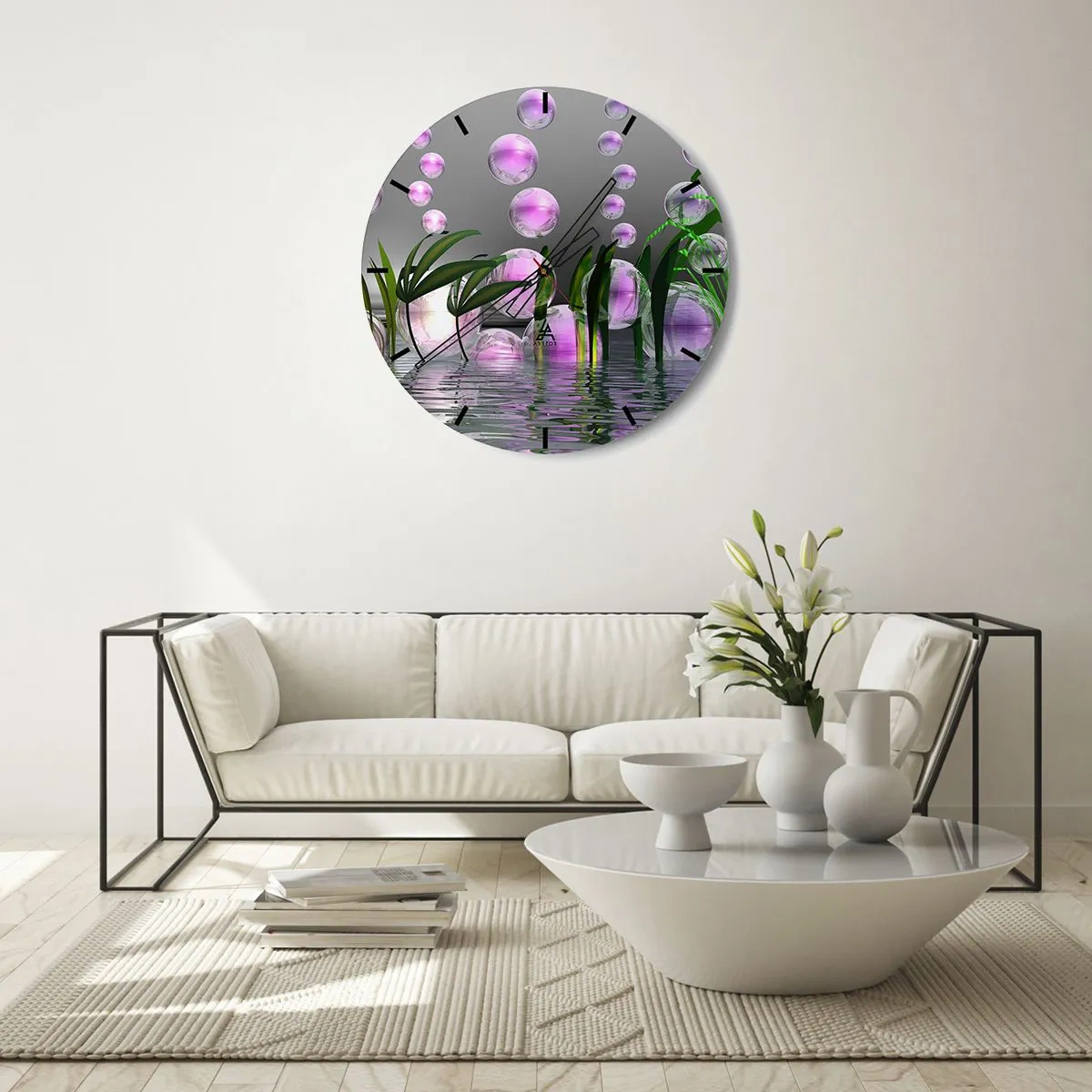 Relógio de parede - Relógio em vidro - Composição reflexiva da leveza e da vida - 40x40 cm