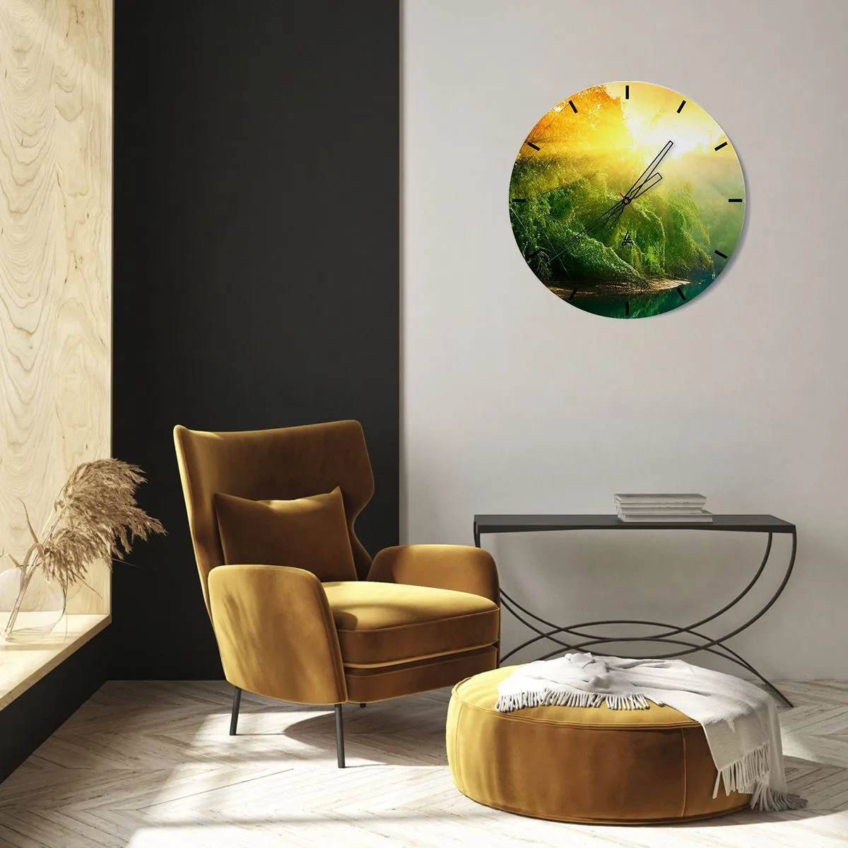Relógio de parede - Relógio em vidro - Paisagem florestal com raios de sol - 30x30cm - Afogar-se ao sol e à sombra - Decoração de parede moderna para a sala de estar, cozinha e quarto ARTTOR