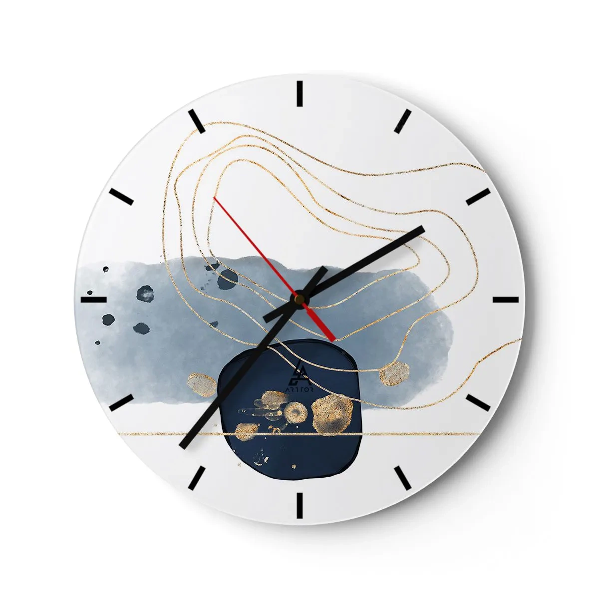 Relógio de parede - Relógio em vidro - Composição abstrata em tons de azul e dourado - 30x30cm - Fantasia azul e dourada - Decoração de parede moderna para a sala de estar, cozinha e quarto ARTTOR