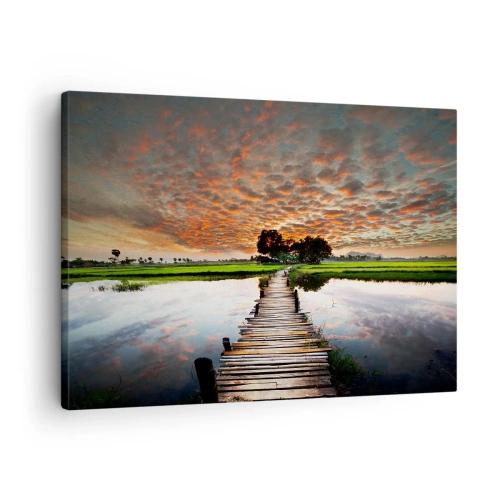 Quadro em tela - Ponte de madeira sobre a água ao pôr do sol - 70x50cm - Abra os braços - respire - Decoração de parede moderna para a sala de estar e quarto ARTTOR