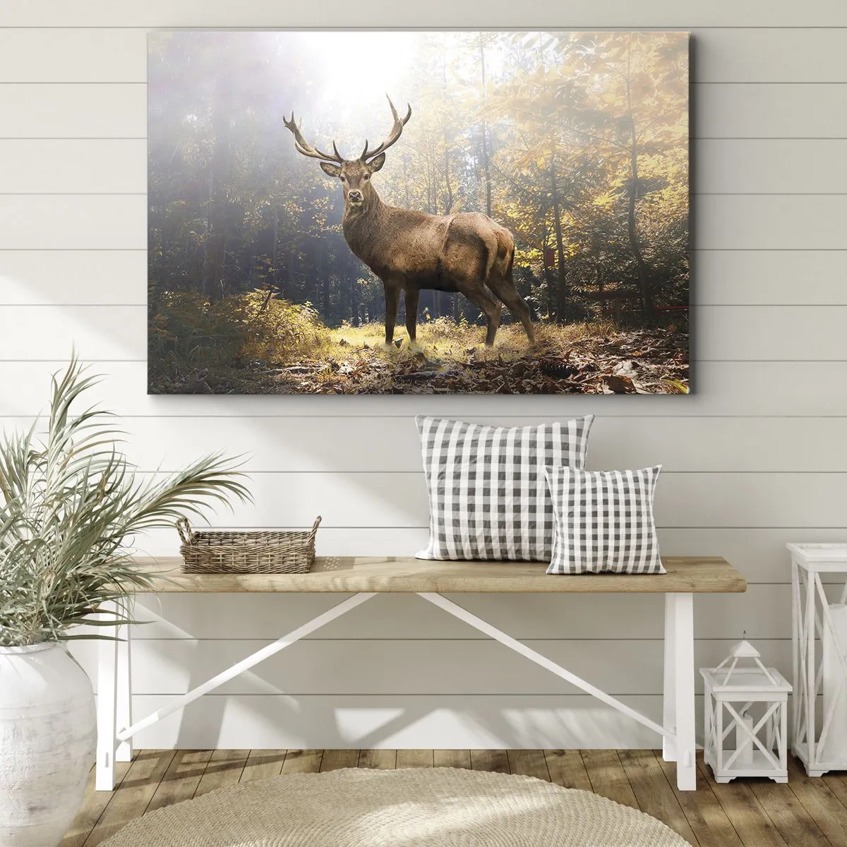 Quadro em tela - Veados na floresta de outono com raios de sol - 70x50cm - Em plena majestade - Decoração de parede moderna para a sala de estar e quarto ARTTOR