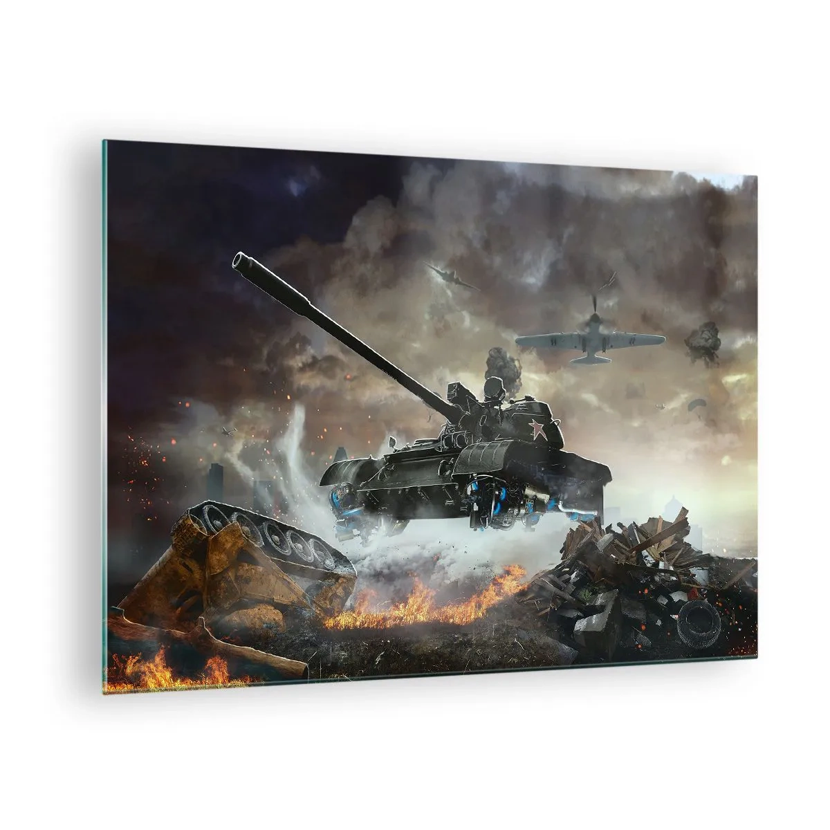 Quadro em vidro - Um tanque em ação tendo como pano de fundo um campo de batalha dramático. - 70x50cm - A batalha é terrível e bonita - Decoração de parede moderna para a sala de estar e quarto ARTTOR