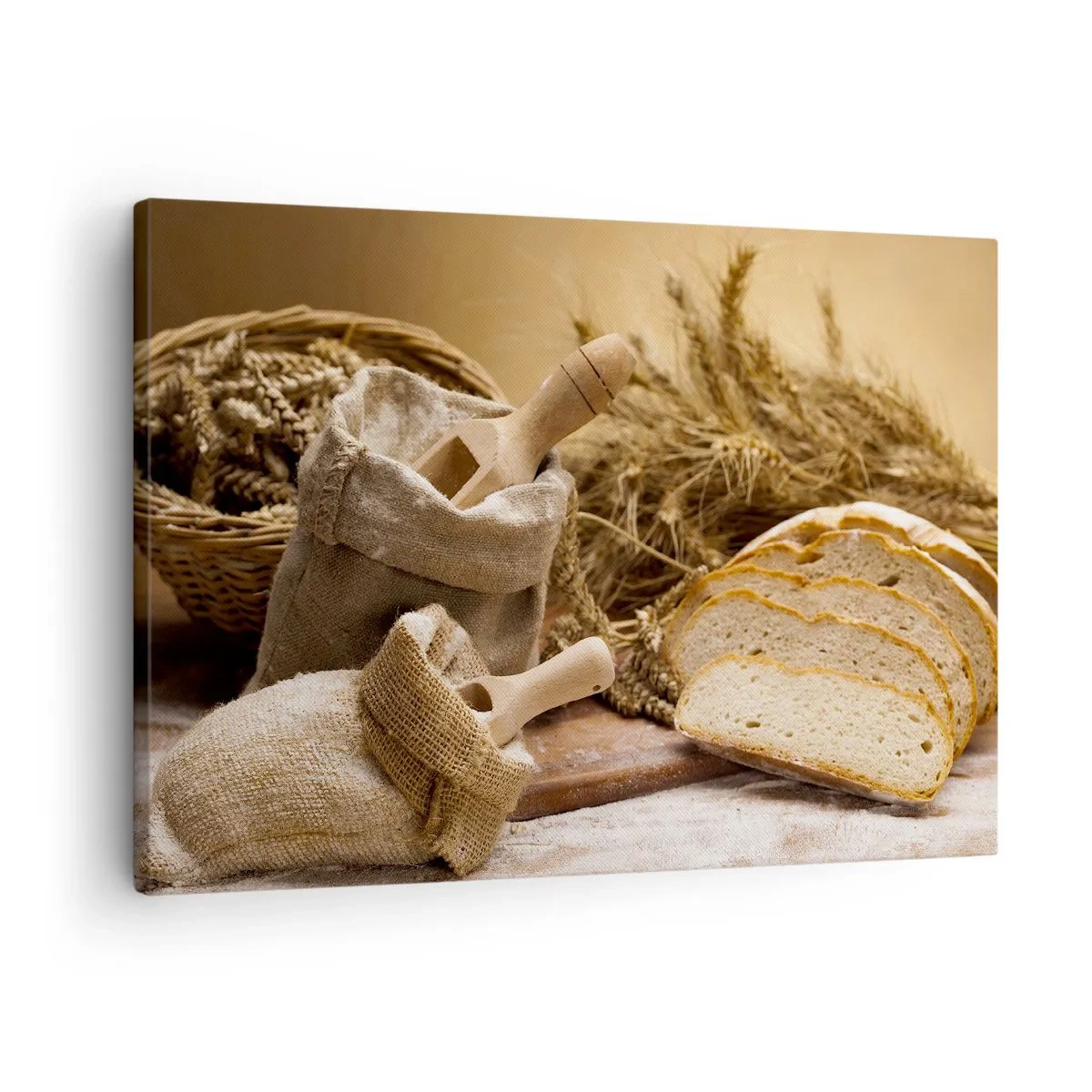 Quadro em tela - Uma paisagem com pão, farinha e espigas de grãos em estilo rústico. - 70x50cm - Pão de cada dia - Decoração de parede moderna para a sala de estar e quarto ARTTOR