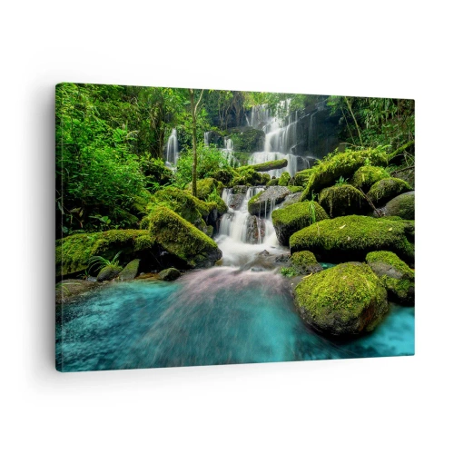 Quadro em tela - Uma cachoeira tropical cercada por vegetação e água azul-turquesa - 70x50cm - Turquesa, safiras e prata líquida - Decoração de parede moderna para a sala de estar e quarto ARTTOR