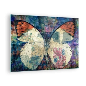 Quadro em vidro - Uma borboleta colorida em um fundo abstrato em tons de azul e laranja. - 70x50cm - Fragilidade subtil - Decoração de parede moderna para a sala de estar e quarto ARTTOR