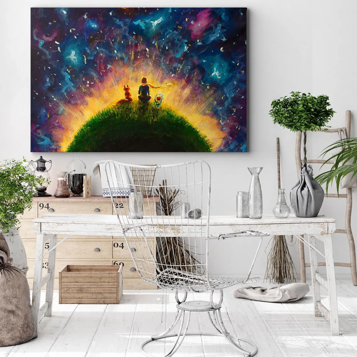 Quadro em tela - Figuras em uma colina verde cercada por um céu estrelado - 70x50cm - Amor e amizade - o mundo inteiro - Decoração de parede moderna para a sala de estar e quarto ARTTOR