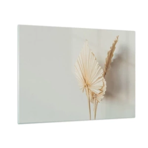 Quadro em vidro - Folhas de palmeira secas em tons de bege sobre fundo claro - 70x50cm - Quando precisas de alívio - Decoração de parede moderna para a sala de estar e quarto ARTTOR