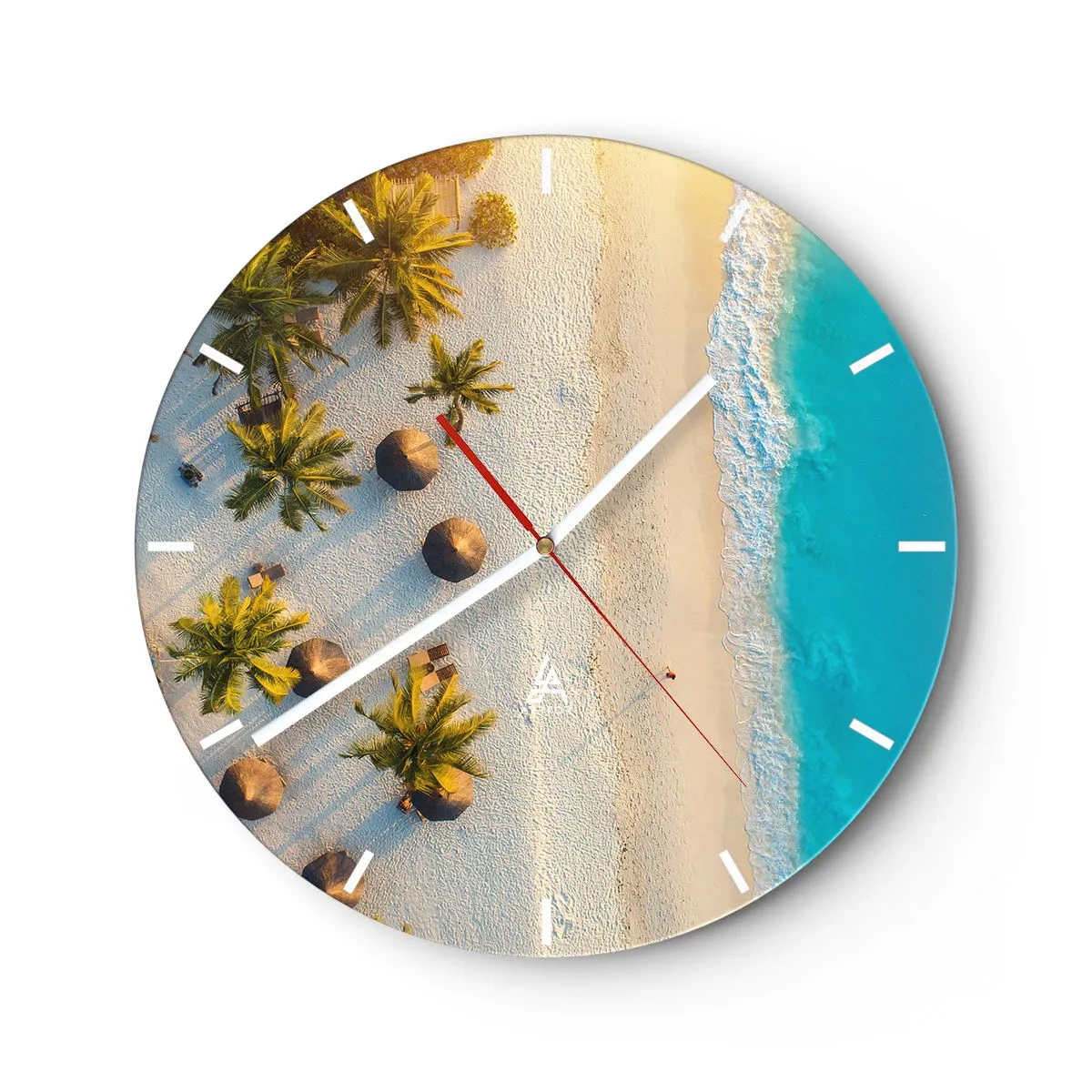 Relógio de parede - Relógio em vidro - Vista superior da praia com palmeiras e mar azul-turquesa - 30x30cm - Bem vindo ao Paraíso - Decoração de parede moderna para a sala de estar, cozinha e quarto ARTTOR