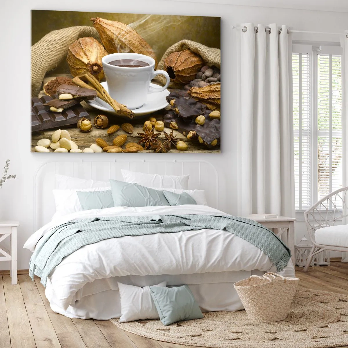 Quadro em tela - Uma xícara de chocolate quente cercada de cacau e canela - 70x50cm - Para os que procuram emoções - Decoração de parede moderna para a sala de estar e quarto ARTTOR