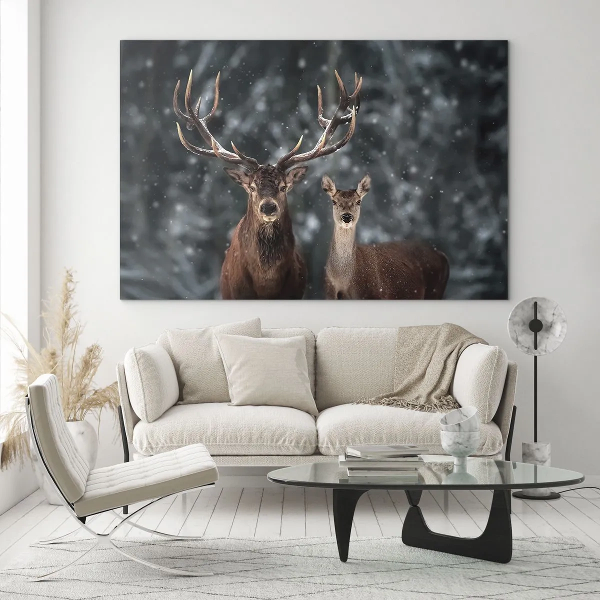 Quadro em vidro - Um veado e uma corça em uma floresta de inverno coberta de neve - 70x50cm - O senhor da floresta com sua esposa - Decoração de parede moderna para a sala de estar e quarto ARTTOR