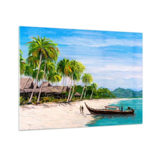 Quadro em vidro - Praia tropical com barco e palmeiras ao lado de cabanas tradicionais - 70x50cm - Um sonho exótico - Decoração de parede moderna para a sala de estar e quarto ARTTOR