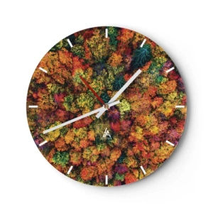 Relógio de parede - Relógio em vidro - Uma floresta de outono vista de um pássaro em cores intensas - 30x30cm - Bouquet de árvores de Outono - Decoração de parede moderna para a sala de estar, cozinha e quarto ARTTOR
