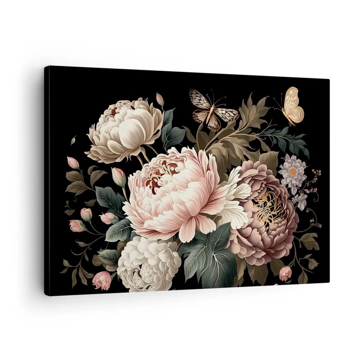 Quadro em tela - Um buquê de flores rosas e borboletas em um fundo preto - 70x50cm - Em estilo barroco - Decoração de parede moderna para a sala de estar e quarto ARTTOR
