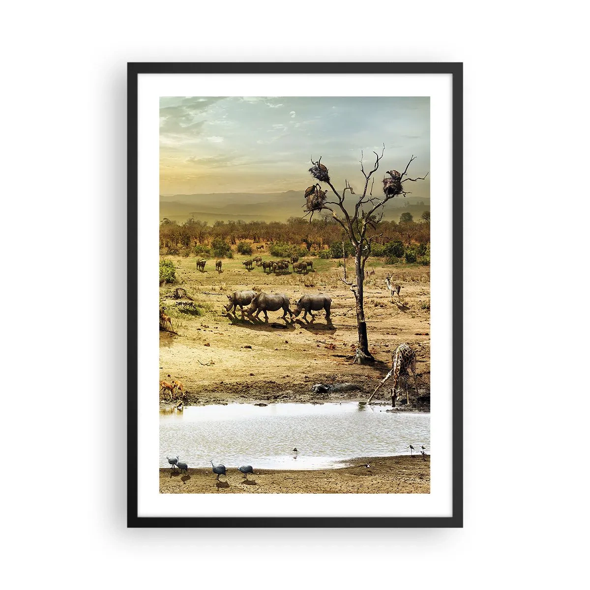 Pôster com moldura preta - Savana com rinocerontes e um poço de água - 50x70cm - Um rio corria no Éden... - Decoração de parede moderna para a sala de estar e quarto ARTTOR