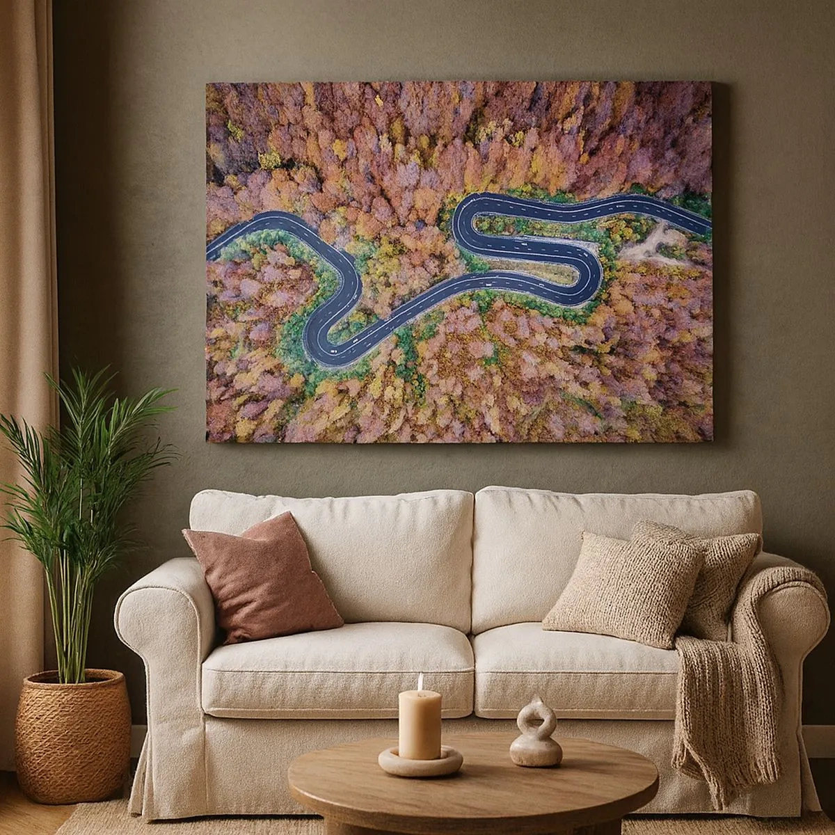Quadro em tela - Uma estrada sinuosa em uma floresta de outono vista de um ponto de vista aéreo - 70x50cm - Estrada sinuosa pela floresta - Decoração de parede moderna para a sala de estar e quarto ARTTOR