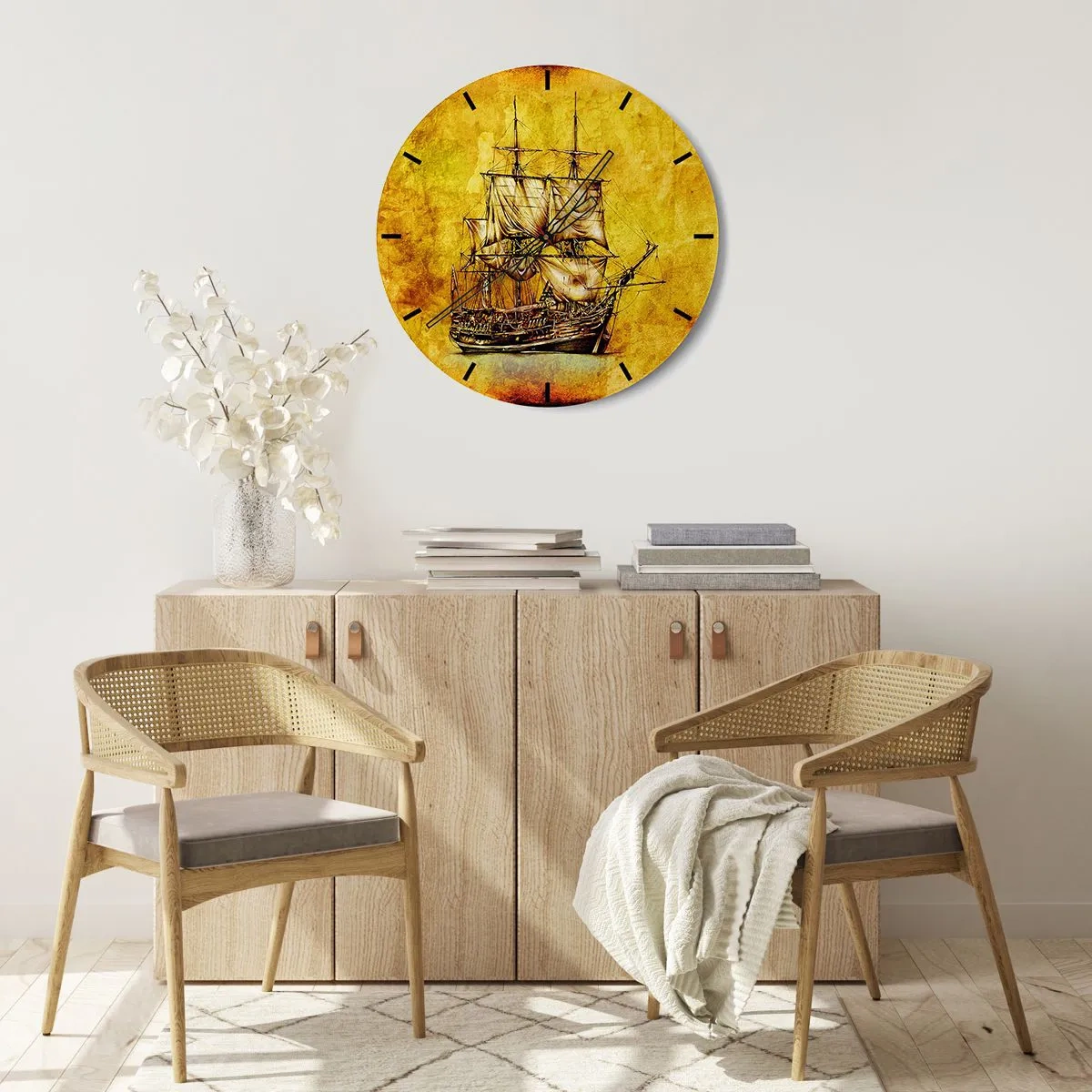 Relógio de parede - Relógio em vidro - Um motivo de desenho animado de um veleiro sobre um fundo em tons de dourado - 30x30cm - Direção Tortuga! - Decoração de parede moderna para a sala de estar, cozinha e quarto ARTTOR