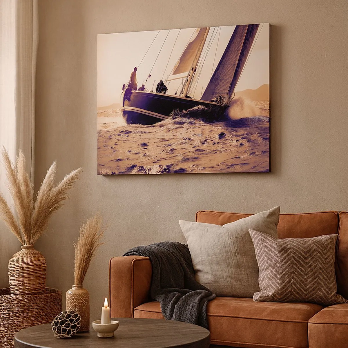 Quadro em tela - Um iate em um mar tempestuoso à luz do pôr do sol - 70x50cm - A velejar, marujo - Decoração de parede moderna para a sala de estar e quarto ARTTOR