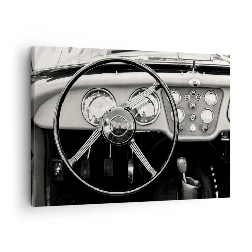 Quadro em tela - Interior de carro clássico em preto e branco - 70x50cm - Um sonho de colecionador - Decoração de parede moderna para a sala de estar e quarto ARTTOR