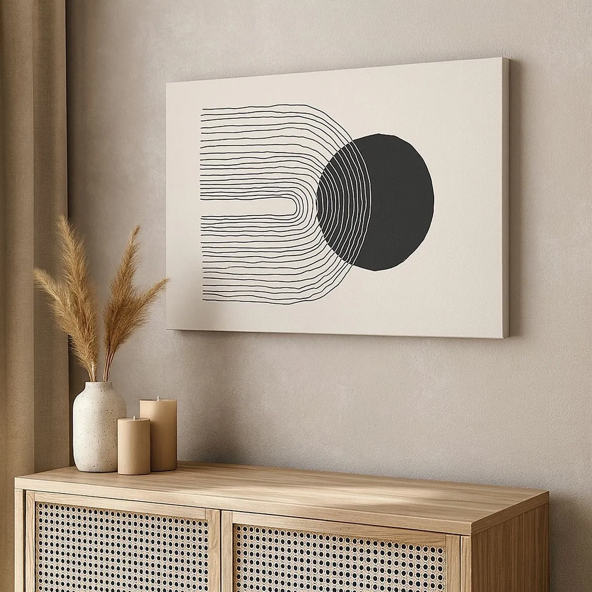 Quadro em tela - Padrão abstrato com linhas e um círculo preto em um fundo claro - 70x50cm - Tremores e confiança - Decoração de parede moderna para a sala de estar e quarto ARTTOR