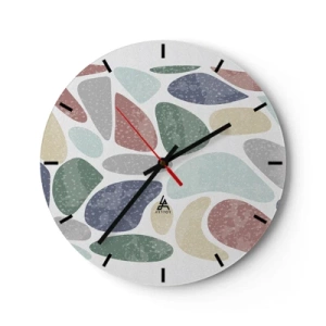 Relógio de parede - Relógio em vidro - Formas orgânicas coloridas em um fundo claro - 30x30cm - Um mosaico de cores em pó - Decoração de parede moderna para a sala de estar, cozinha e quarto ARTTOR