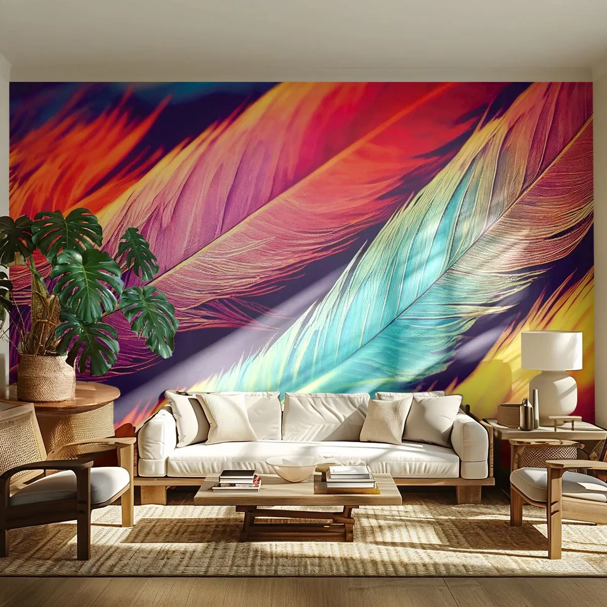 Papel de Parede Standard Eco - Arco-íris emplumado - Penas, Luz, Colorida - 200x140 cm