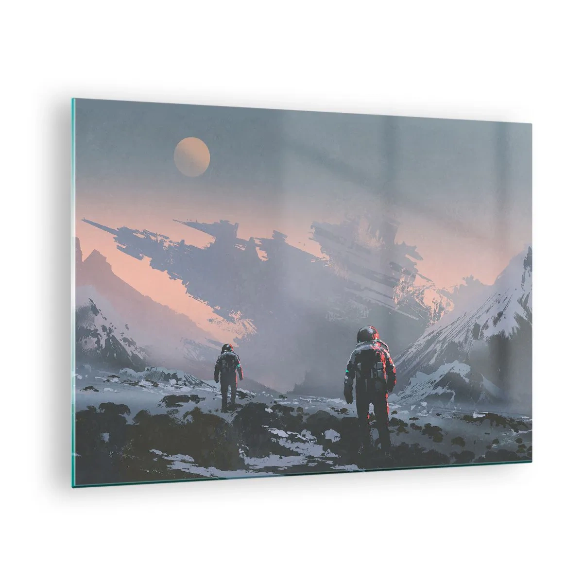 Quadro em vidro - Astronautas em um planeta alienígena com um naufrágio ao fundo - 70x50cm - Sob uma estrela desconhecida - Decoração de parede moderna para a sala de estar e quarto ARTTOR