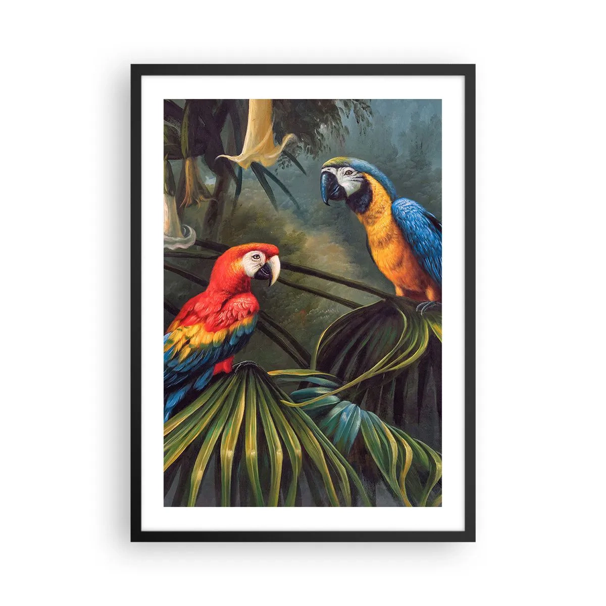 Pôster com moldura preta - Papagaios tropicais cercados por vegetação exuberante - 50x70cm - Romantismo nos trópicos - Decoração de parede moderna para a sala de estar e quarto ARTTOR
