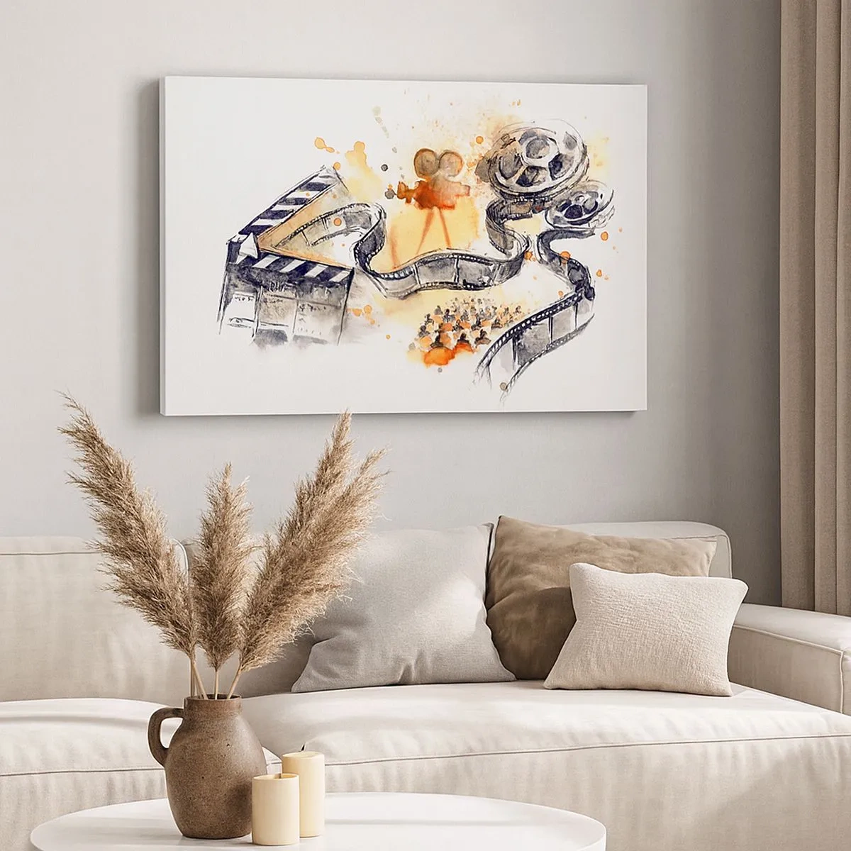 Quadro em tela - O simbolismo do cinema com uma tira de filme em aquarela artística - 70x50cm - Na terra dos sonhos - Decoração de parede moderna para a sala de estar e quarto ARTTOR