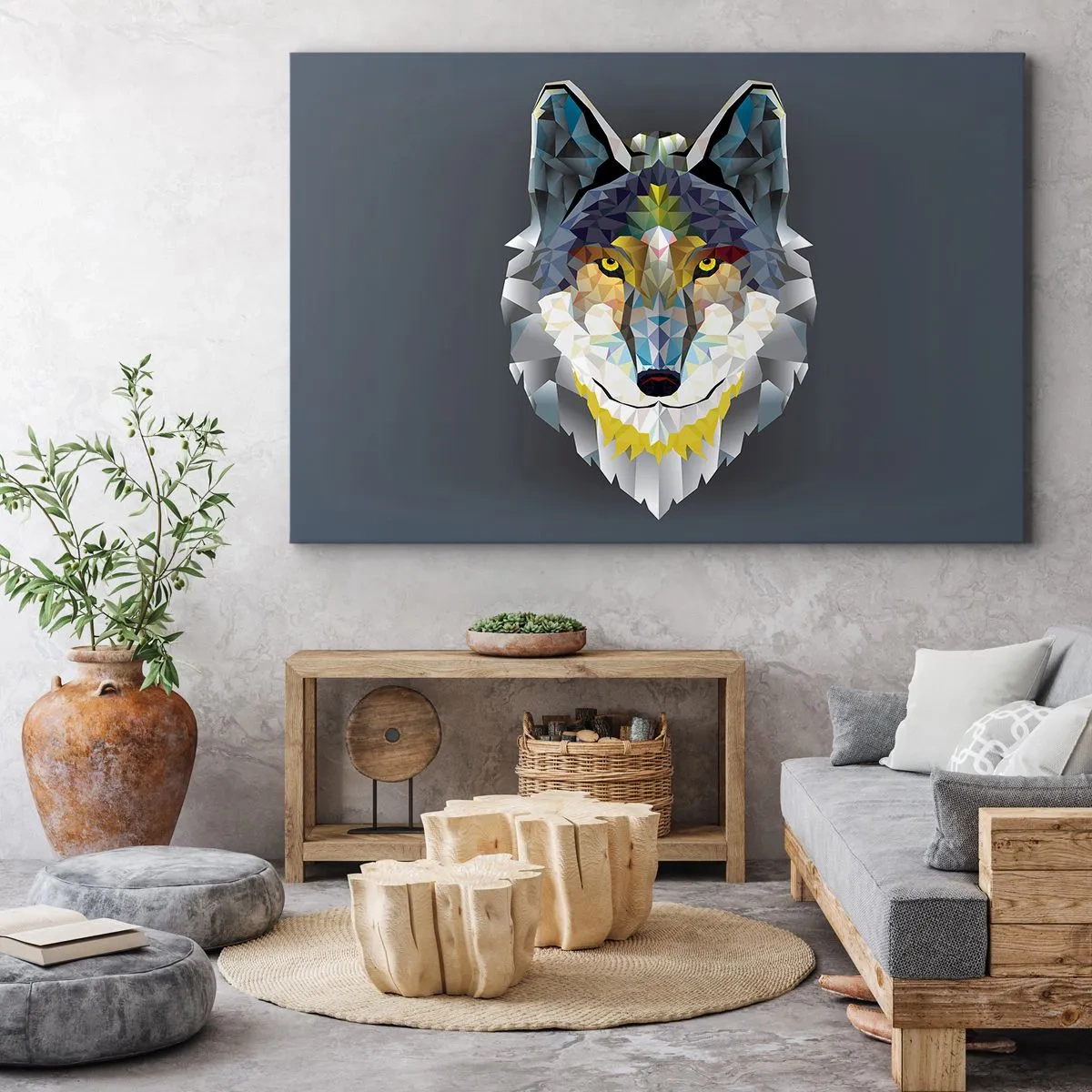 Quadro em tela - Imagem geométrica de um lobo em um fundo cinza - 70x50cm - Quem não quer ser lobo, não lhe veste a pele - Decoração de parede moderna para a sala de estar e quarto ARTTOR