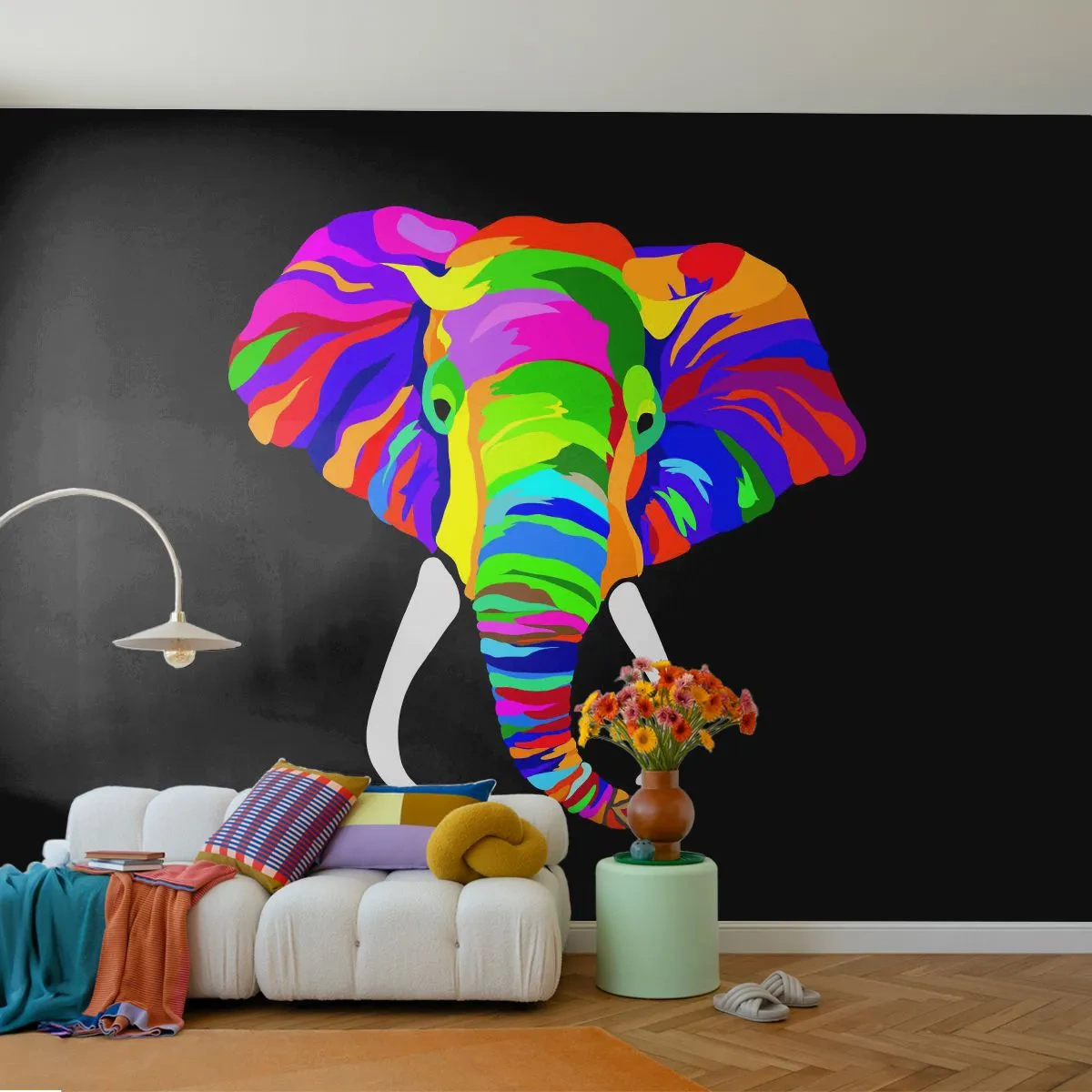 Papel de Parede Premium Canvas - O elefante que adorava banhar-se no arco-íris - Animais, Elefante, Imagem colorida - 250x175 cm