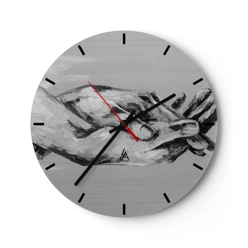 Relógio de parede - Relógio em vidro - Mãos simbólicas em tons de cinza capturadas em um estilo artístico - 30x30cm - Início... - Decoração de parede moderna para a sala de estar, cozinha e quarto ARTTOR