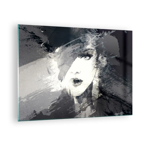 Quadro em vidro - O rosto de uma mulher está parcialmente coberto por manchas cinzentas abstratas. - 70x50cm - Por trás do véu cinzento - Decoração de parede moderna para a sala de estar e quarto ARTTOR