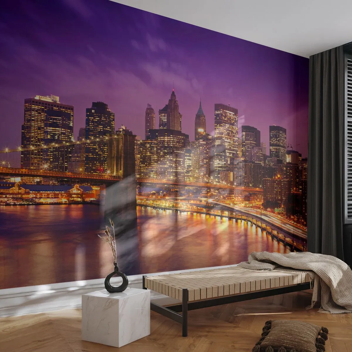 Papel de Parede Autocolante Deluxe Sticker - Manhathann roxa e dourada - Cidade, Nova Iorque, Arquitetura - 250x175 cm