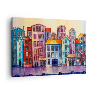 Quadro em tela - Casas coloridas à beira da água em estilo artístico - 70x50cm - Uma cidade como de um conto de fadas - Decoração de parede moderna para a sala de estar e quarto ARTTOR