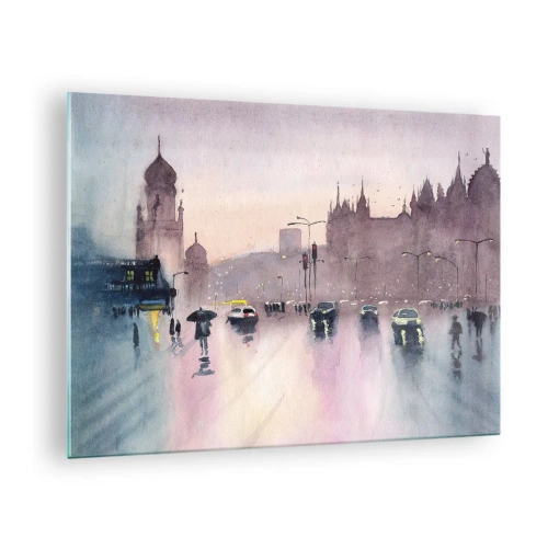 Quadro em vidro - Paisagem urbana chuvosa - 70x50cm - Na névoa chuvosa - Decoração de parede moderna para a sala de estar e quarto ARTTOR