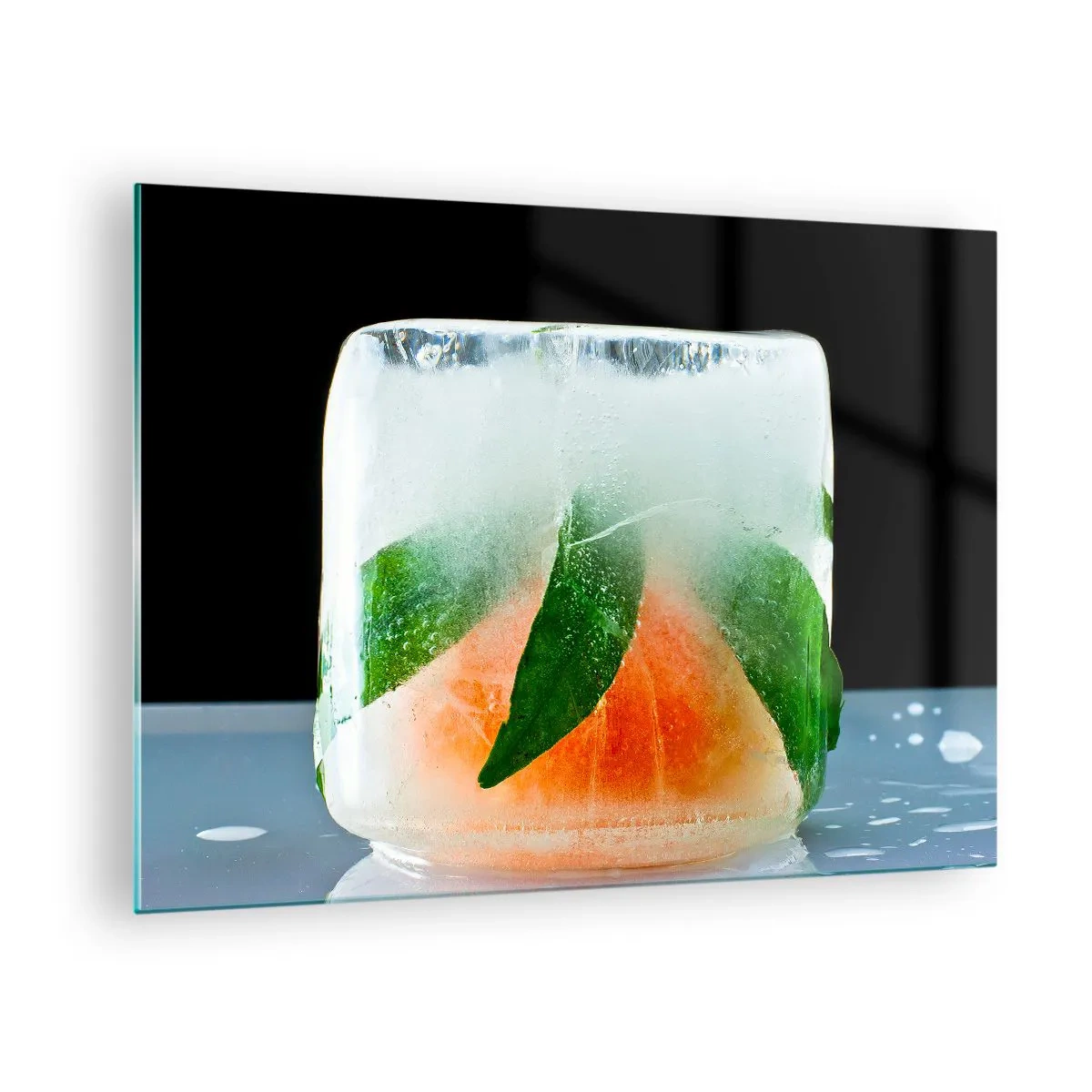 Quadro em vidro - Frutas e folhas congeladas em gelo transparente - 70x50cm - Frescor e refresco - Decoração de parede moderna para a sala de estar e quarto ARTTOR
