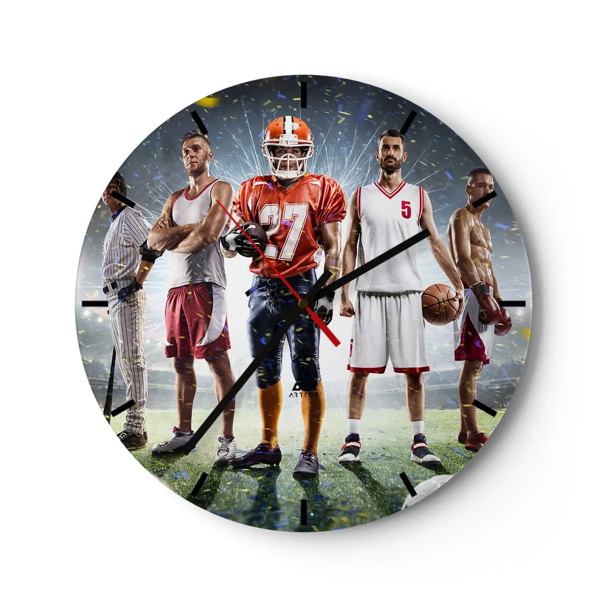 Relógio de parede - Relógio em vidro - Um grupo de atletas tendo como pano de fundo um estádio iluminado por holofotes - 30x30cm - Gladiadores dos campos - Decoração de parede moderna para a sala de estar, cozinha e quarto ARTTOR