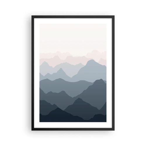 Pôster com moldura preta - Cadeias de montanhas em camadas em tons de azul e cinza - 50x70cm - Ondas de montanha - Decoração de parede moderna para a sala de estar e quarto ARTTOR