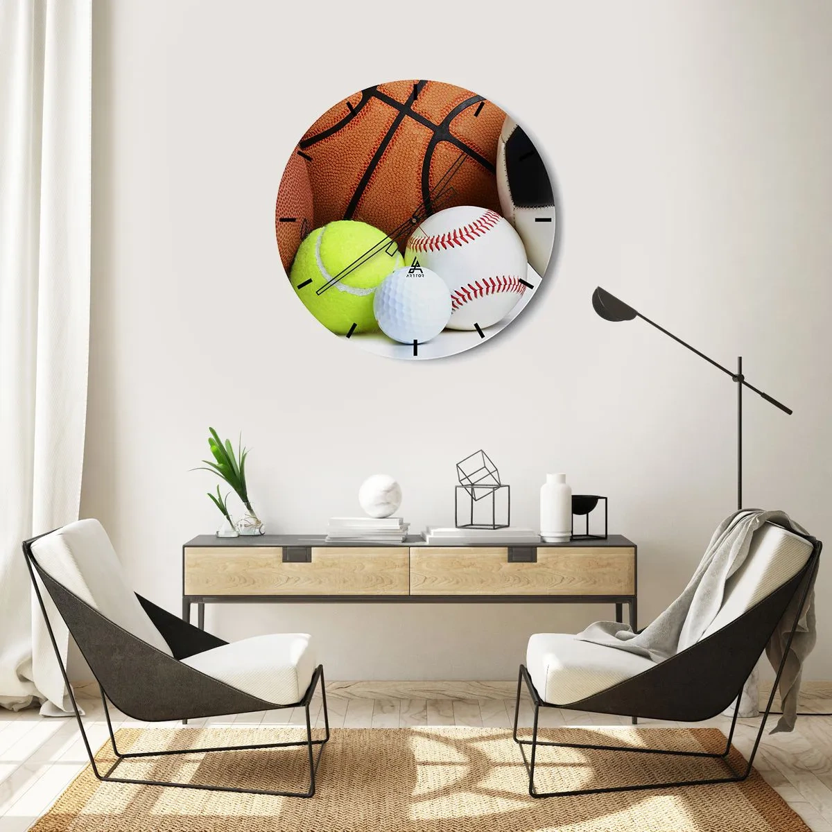 Relógio de parede - Relógio em vidro - Bolas esportivas em diversas disciplinas - 30x30cm - Adoramos uma bola! - Decoração de parede moderna para a sala de estar, cozinha e quarto ARTTOR